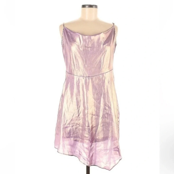 Urban Outfitters | Pink Purple Mallory Metallic Asymmetrical Slip Dress Size L - Picture 3 of 10